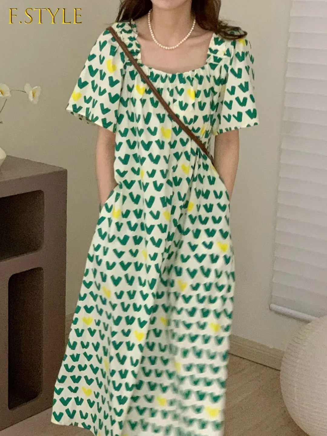 

F GIRLS Decor Printed Dress Women Summer Elegant Temperament Clothes 2022 New Chic Square Collar Closed Waist Thin Dresses