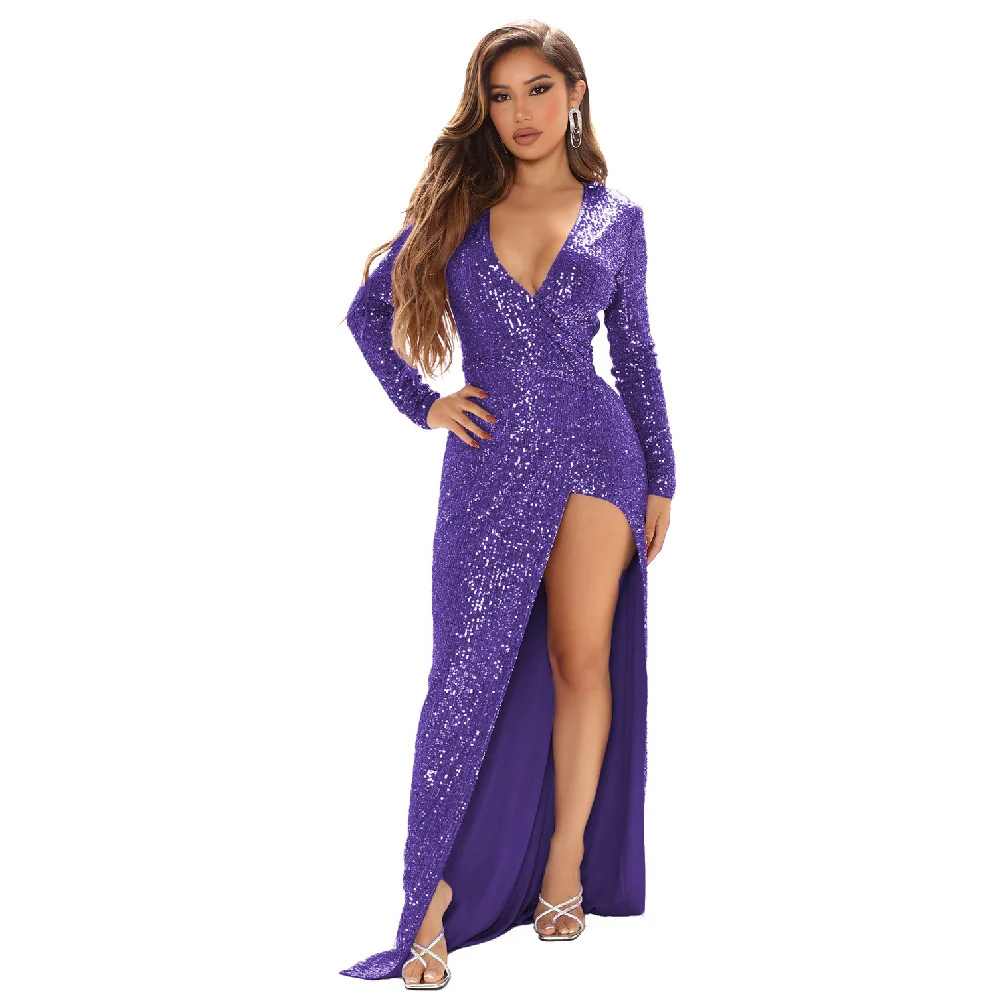 

Fashion New Women Sexy Deep V-Neck Long Sleeve Sequins High Split Solid Trailing Elegant Evening Dress Party Dress