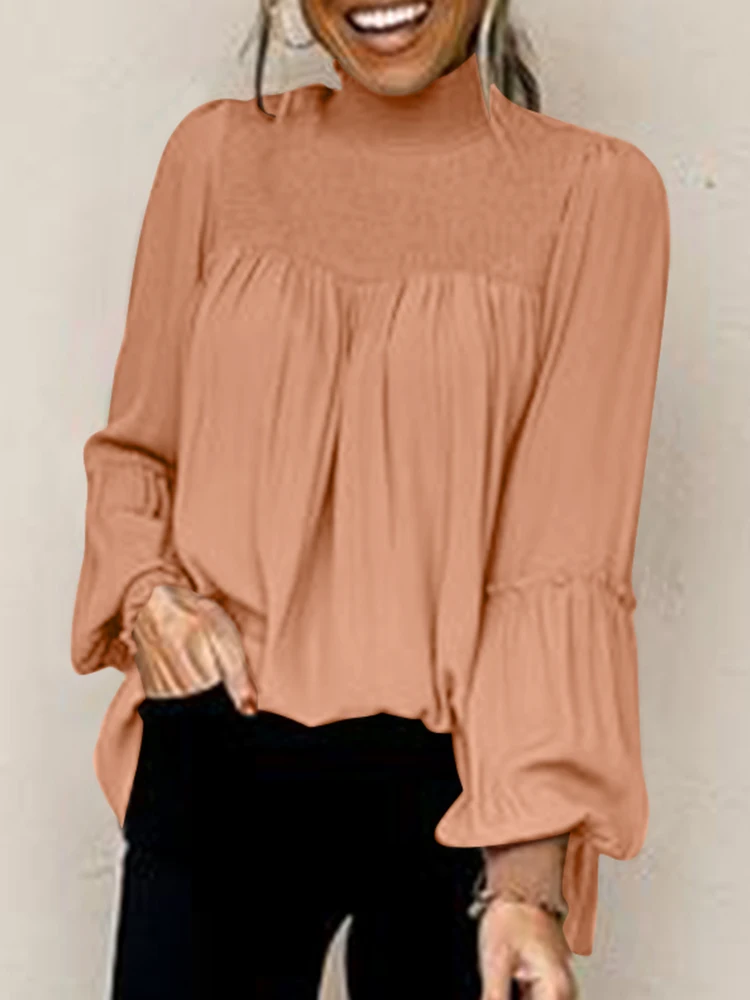 

Блузка ZANZEA Женская плиссированная с пышными рукавами, модный топ в офисном стиле, Повседневная однотонная туника с высоким воротником, боль...