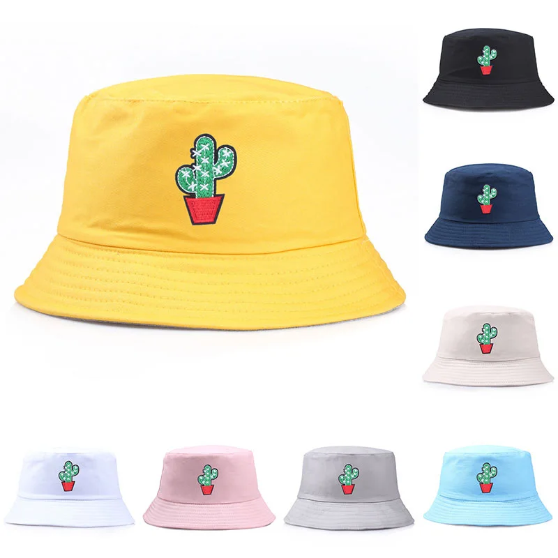 

Cactus Embroidery Bucket Hat Women Men Hip Hop Cap Couple Summer Cotton Fishing Hat Sun Flat Top Fisherman Hats Caps Boonie Gift