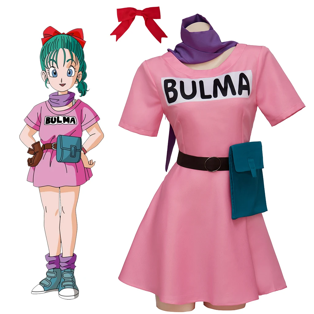 

Костюм для косплея Bulma, женское розовое платье с ремнем, полный комплект, одежда для вечеринки на Хэллоуин
