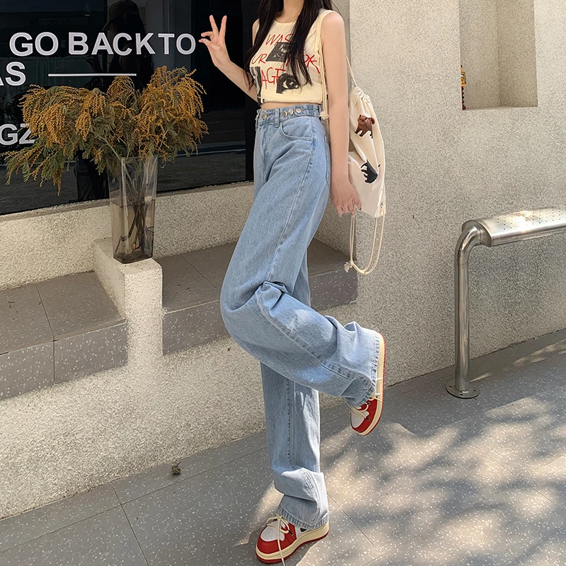 Light colored high waisted jeans for women's summer commuting loose fitting wide leg thin and versatile floor mop pants