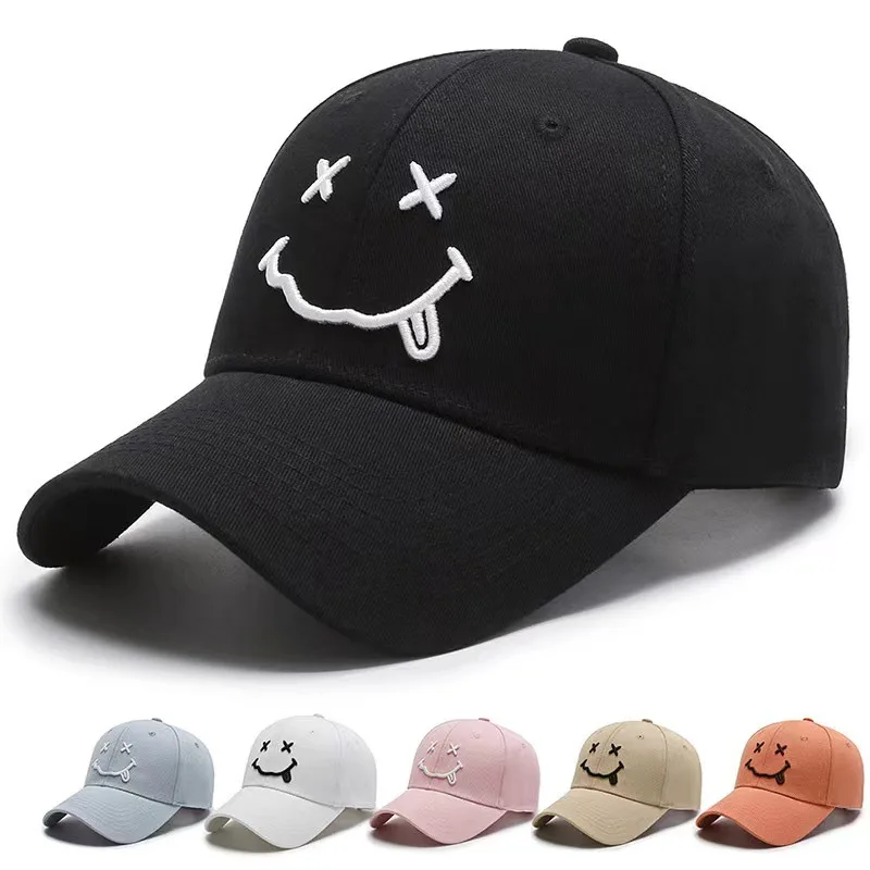 

Unisex Smile Face Embroidery Baseball Caps For Women Men Kpop Black Cotton Snapback Funny Hip Hop Cap Autumn Sun Dad Hats