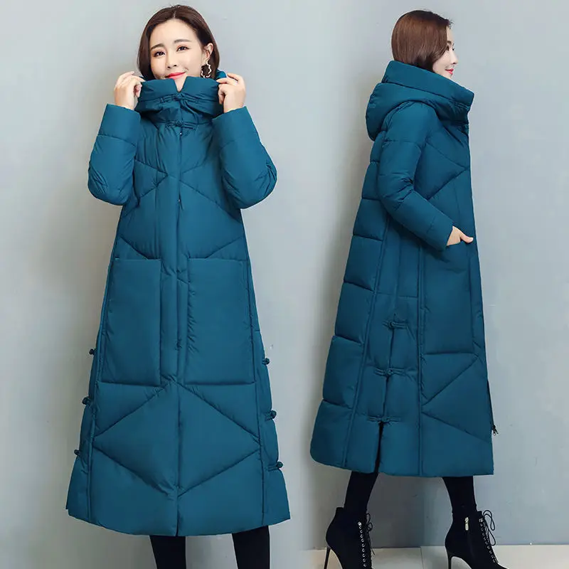Winter Women Long Down Cotton Coat Thick Warm Hooded Solid Parkas Loose Casual Fashion Jacket Female Clothing Tops Big Pockets