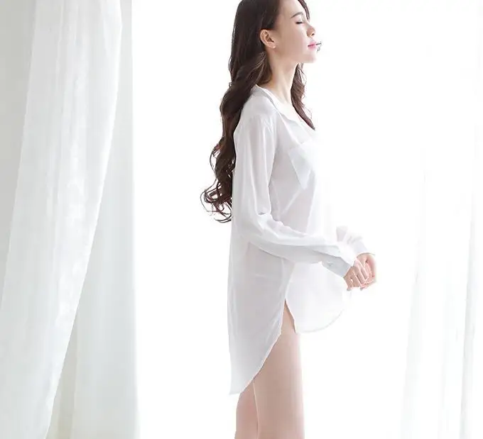 

New Chiffon White Shirt Sexy Lingerie Perspective Pajamas Uniform Temptation Women's Home Nightdress Clothes
