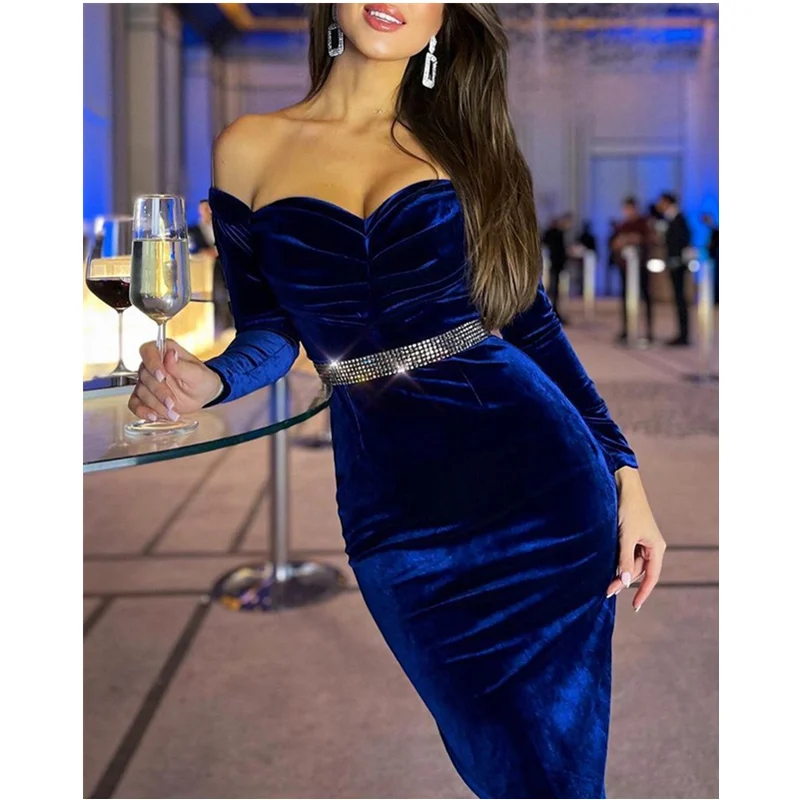 

Elegant Women Off Shoulder Velvet Bodycon Dress Fashion Sexy Strapless Long Sleeve High Waist Corset Slim Fit Cocktail Dress