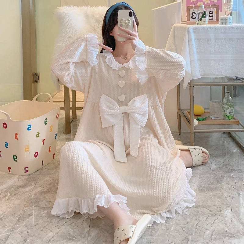

2022 Spring Long Sleeve Cotton Loose Long Dress Nightgowns for Women Japanese Cute Bow Sleepwear Homewear Night Dress Nightdress