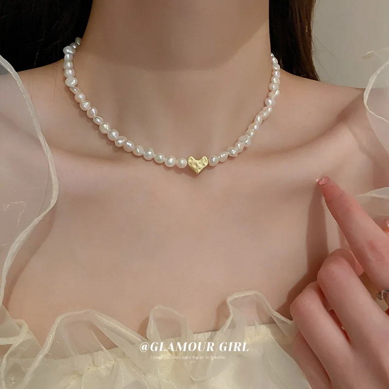 

Minar Stylish Natural Freshwater Pearl Necklacefor Women Lady Gold Color Copper Love Heart Chokers Necklaces Wedding Accessories