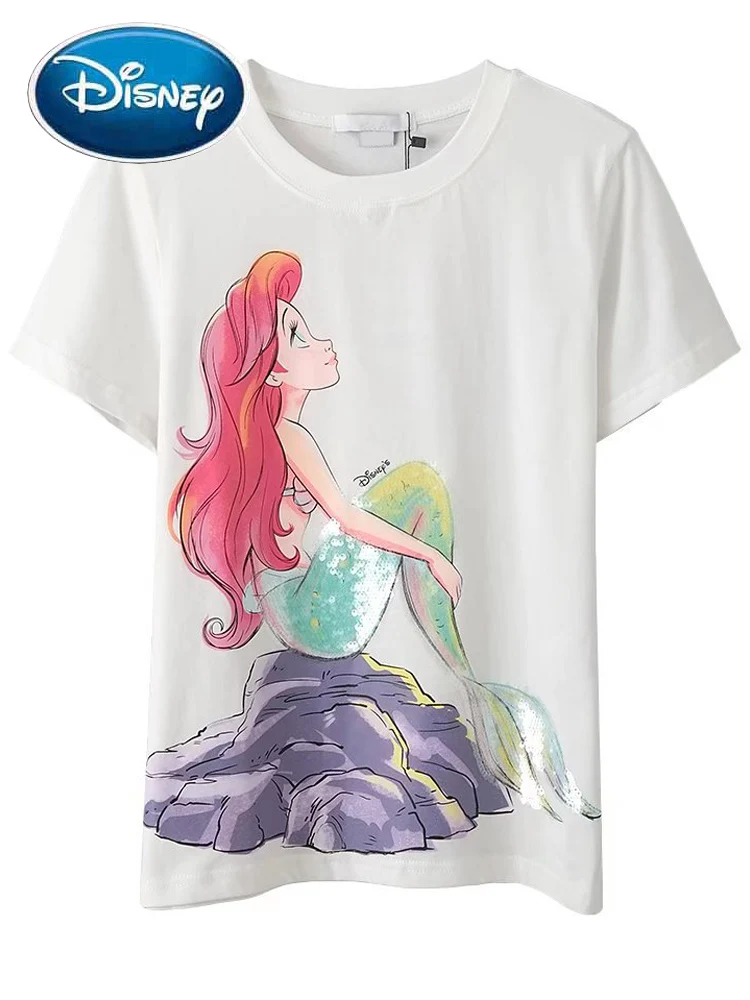 Disney T-Shirt Fashion Ariel Princess Sequined The Little Mermaid Cartoon Print Sweet Women Short Sleeve O-Neck Pullover Tee Top