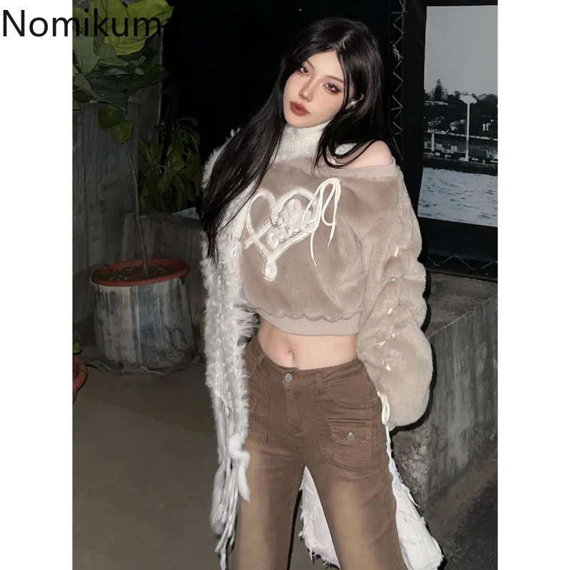 

Толстовка Nomikuma женская с косым воротником, ажурный рукав-фонарик, плотный пуловер в стиле Харадзюку, худи, Осень-зима