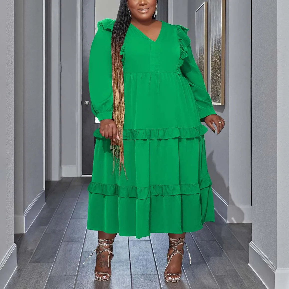 Plus Size Dresses for Women 3XL 4XL Loose Full Sleeve Solid Pullovers Mid Calf Elegant Evening Party Dinner Vestidos Mujer Dress