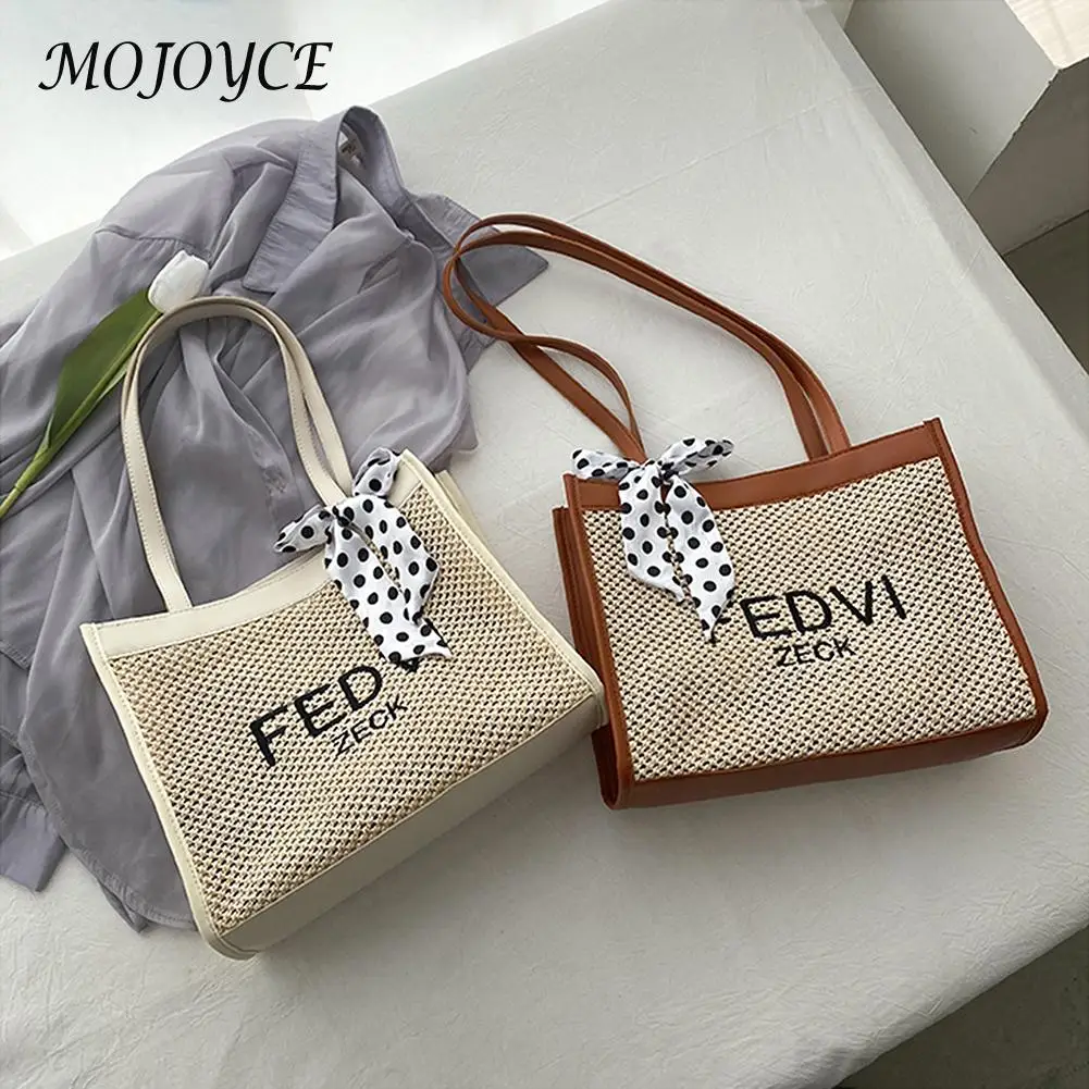 

Handmade Woven Purse Wicker Beach Bag Summer Beach Woven Silk Scarf Shoulder Bag Fashion Women Letters Print Handbags