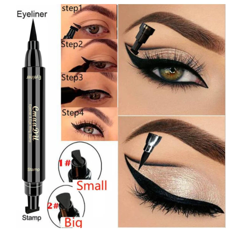 Stempel płynny Eyeliner Pen wodoodporny szybkoschnące trwały 2 w 1 czarny Eyeliner ołówek z Eyeliner kosmetyczny dwustronny Eyeliner