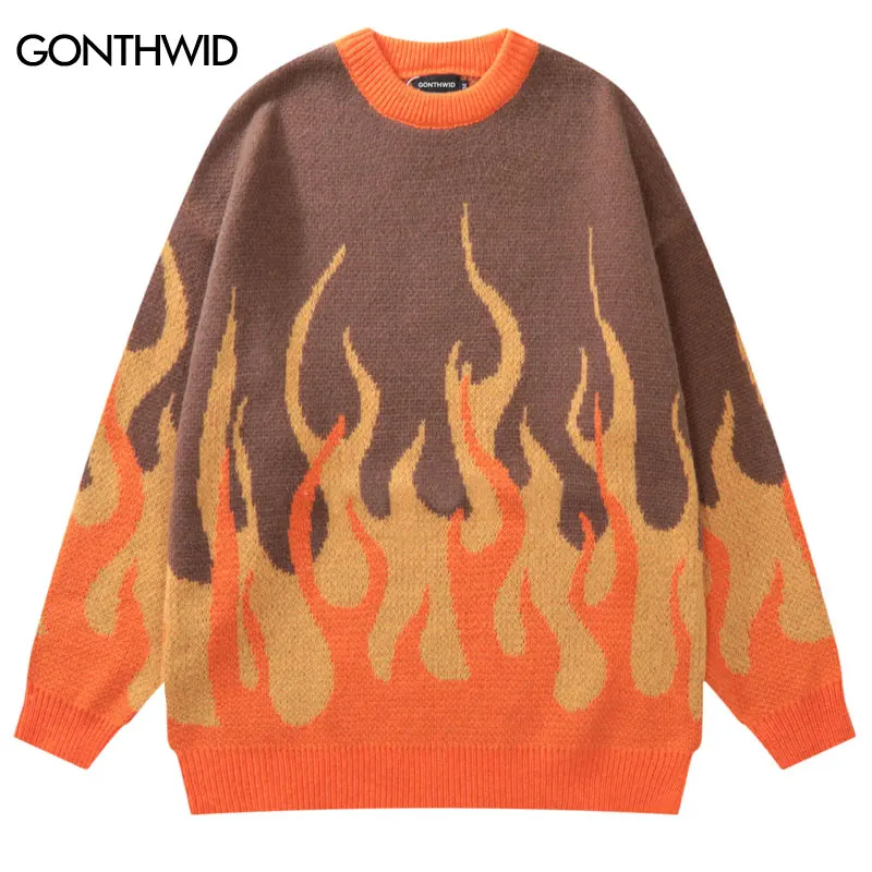 Men Knitted Sweater Y2K Harajuku Fire Flame Jumpers Sweaters Streetwear 2022 Autumn Hip Hop Casual Pullover Sweater Blue Orange