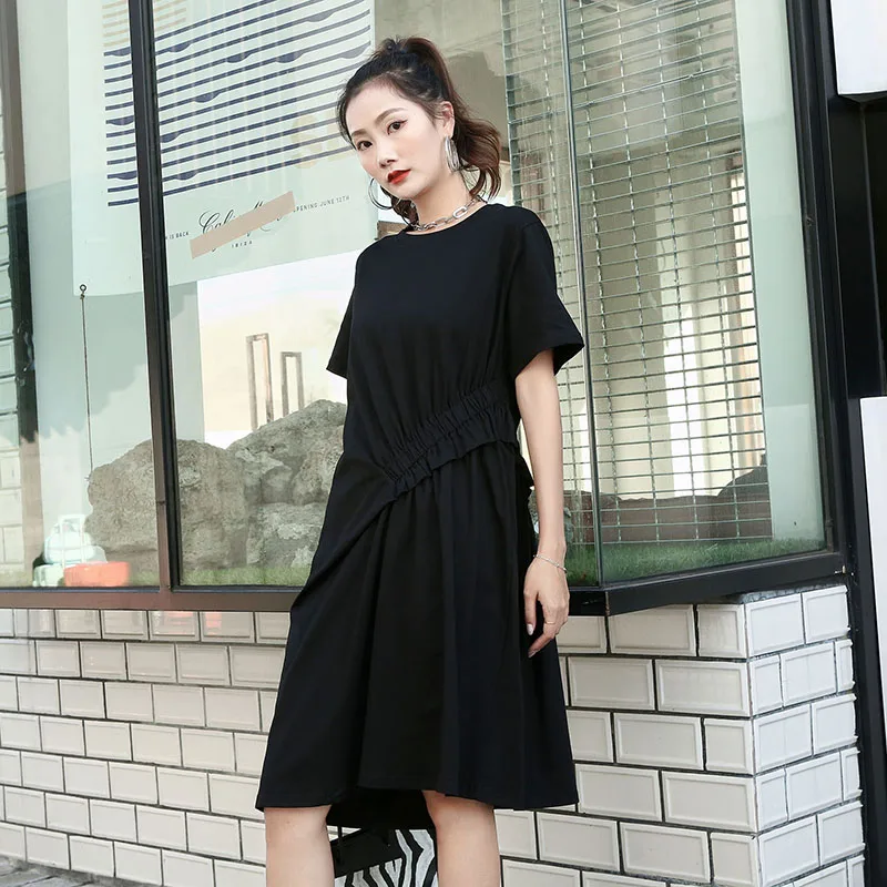 

220428 Casual Women Solid Cotton Dress 2022 Summer O-neck Short Sleeve Loose Pleated Personality Dress