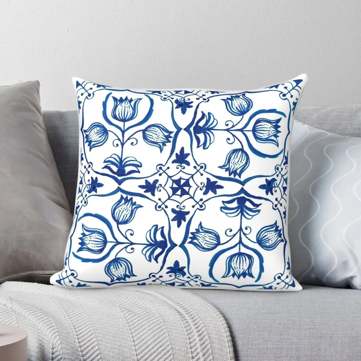 

Delft Blue Tulips Square Pillowcase Polyester Linen Velvet Creative Zip Decor Sofa Seater Cushion Cover Wholesale
