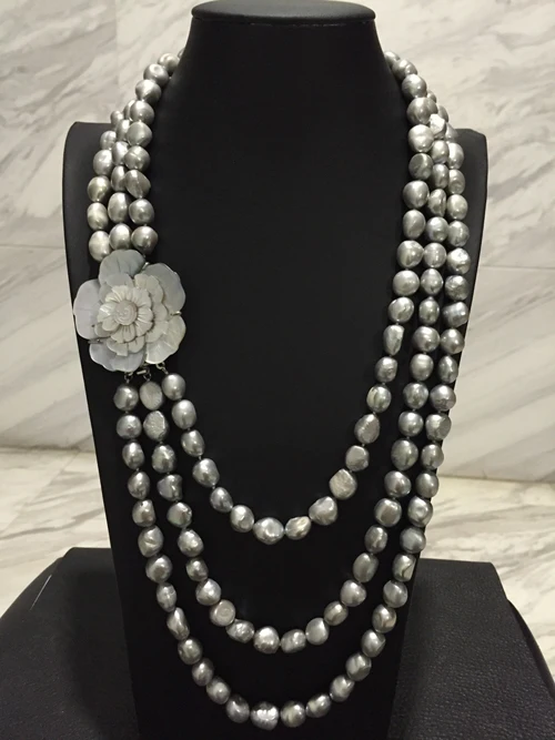 

Hand knotted 3 rows 8-9mm gray baroque freshwater necklace 18-20" shell flower accessory