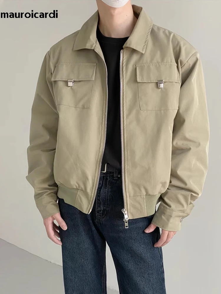 

Mauroicardi Весна Осень Свободная Повседневная Легкая Мягкая Черная Куртка Мужская Верхняя Одежда С Молнией С Длинным Рукавом Мода в Корейском С...