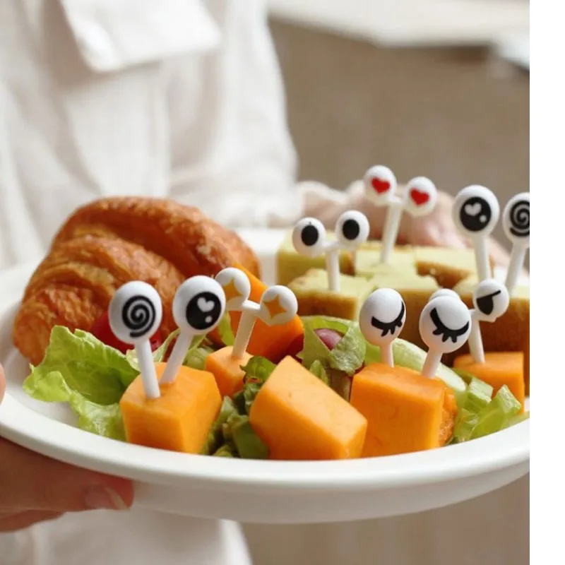 

Home Party Birthday Cute Plastic Eco-friendly Portable Fruit Toothpicks Cute Eyes Cartoon Fork Bento Decoration 10PCS