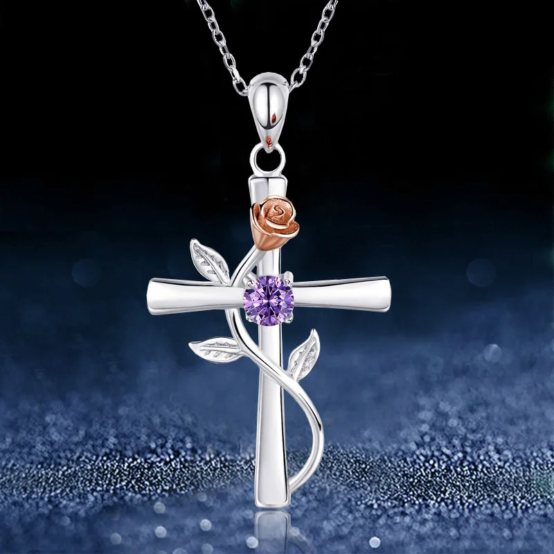 

2022 New Style Leaf Winding Cross Pendant Necklace for Women Elegant Rose Rhinestones Clavicle Chain Fashion Jewelry Gifts