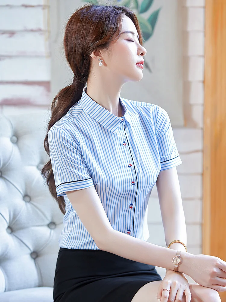Профессиональные рубашки в синюю полоску Женская приталенная летняя одежда с