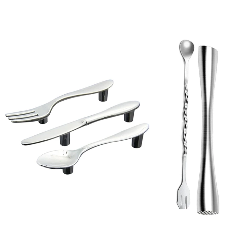 

3 Pcs Kitchen Cabinet Drawer Pull Handles Knobs & 1 Set 10 Inch Stainless Steel Cocktail Muddler And Mixing Spoon