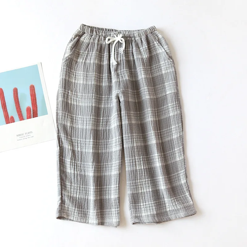 Men's Cotton Gauze Trousers Plaid Knitted Sleeping Pants Man Pajamas Pants Bottoms Sleepwear Male Thin Calf-length Sleep Bottoms