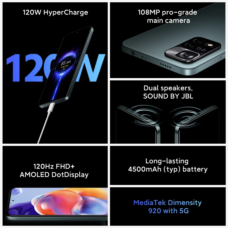 Global Version Xiaomi Redmi Note 11 Pro+ 5G Plus Smartphone 120W HyperCharge Dimensity 920 120Hz AMOLED 108MP