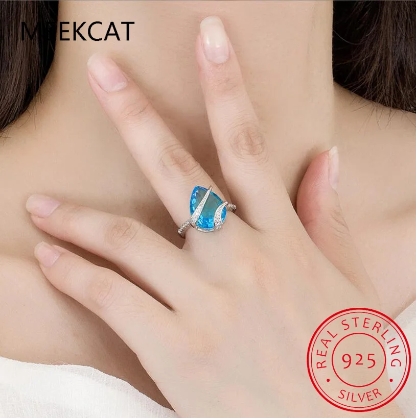 Кольцо-пасьянс из стерлингового серебра 925 пробы с натуральным синим топазом