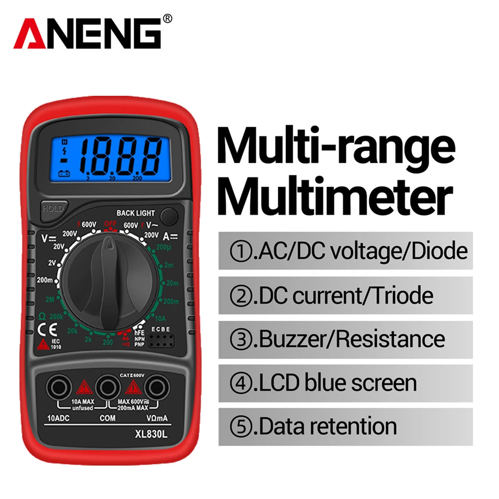 

Цифровой мультиметр ANENG XL830L с ЖК-дисплеем, профессиональный Электрический вольтметр, амперметр с предохранителем, Омметр переменного/посто...