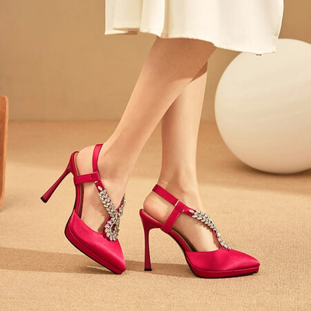 

Женские атласные шелковые сандалии стразы с острым носком и кристаллами на высоком каблуке с S-образным ремешком туфли для вечерние ринки с...