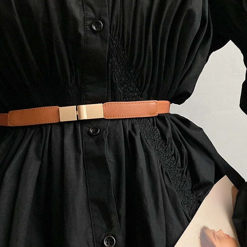 

Skinny Waist Belt Dress Sweater Coat Decorative Waistband Simple Black Camel Waist Seal Metal Golden Buckle Korean All-match