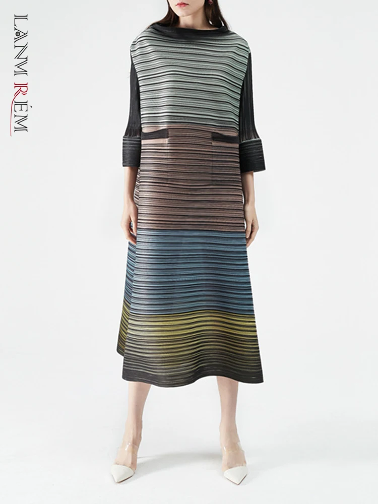 

LANMREM Striped Pleated Dress For Women 2022 Spring Summer Color Block Loose Midi Dresses Female Elegant Festival Clothing2R1606