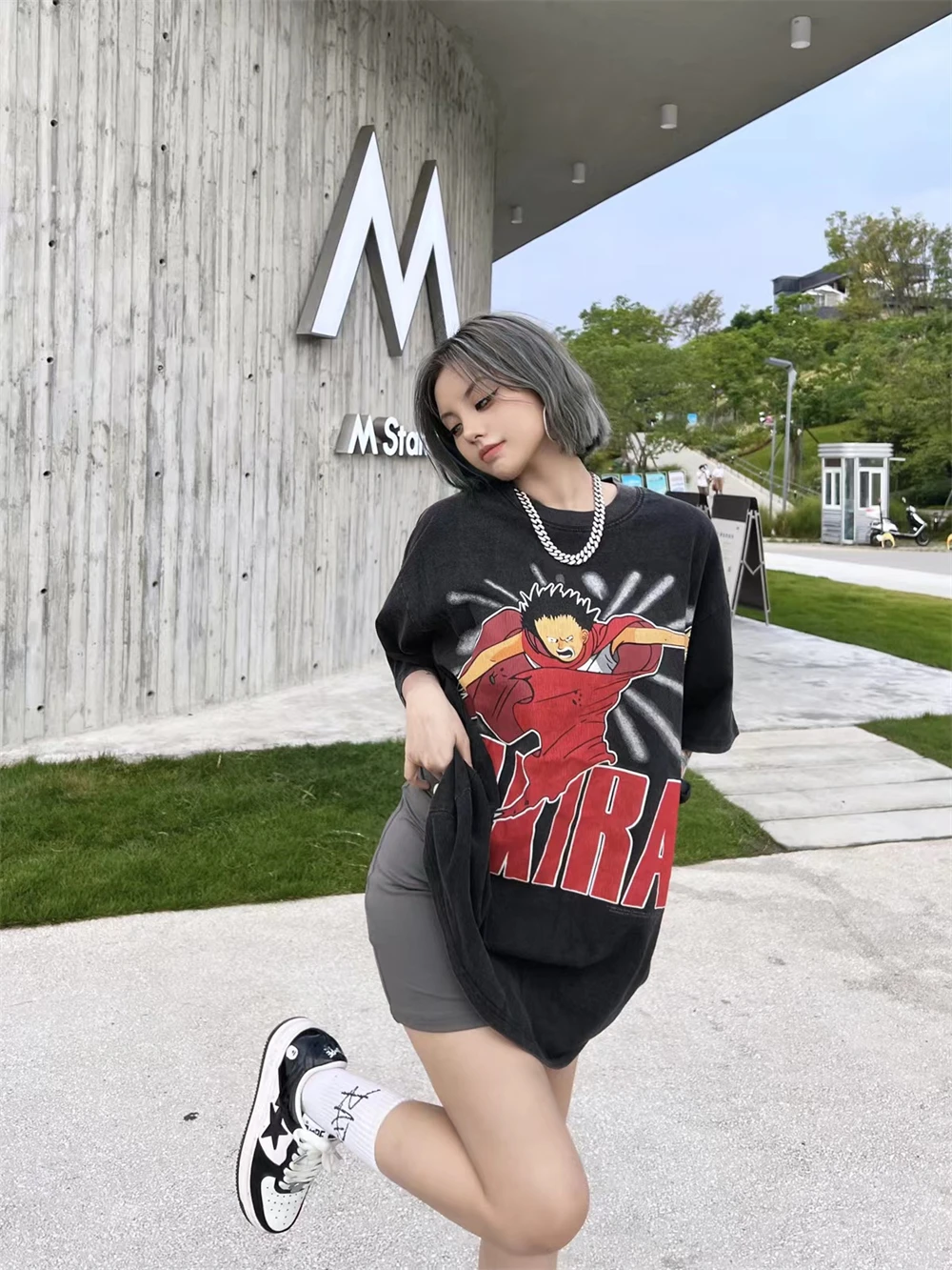 

Summer new AKIRA vintage tee retro washed loose casual short-sleeved t-shirt men and women rock oversized print VTG