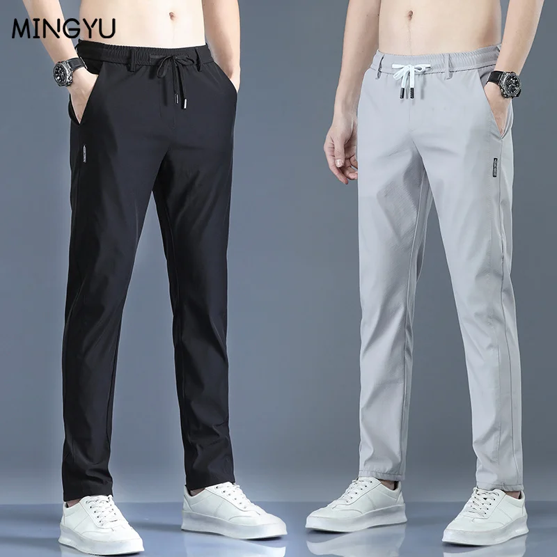 Summer Men's Casual Pants Thin Soft Elasticity Lace-up Waist Solid Color Pocket Applique Korea Grey Black Work Trousers Male 38