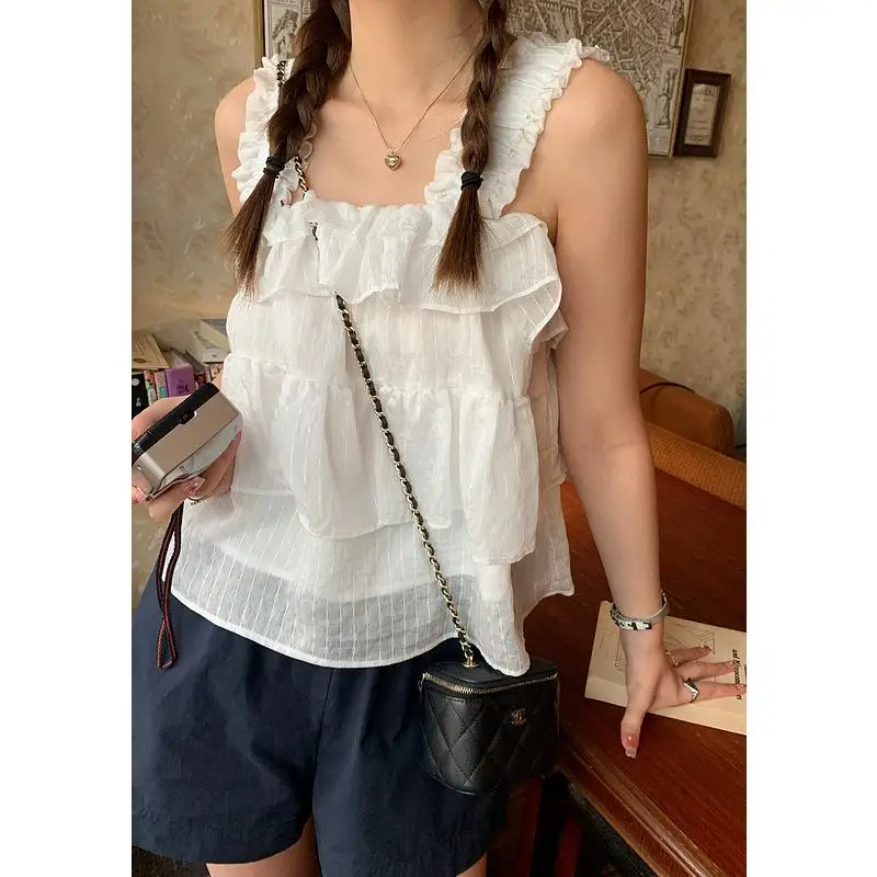 

Женская блузка без рукавов, свободная однотонная майка с квадратным вырезом и оборками, модель 132cd6926 в Корейском стиле на лето, 2023