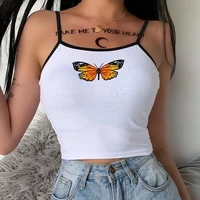 woman contrast backless slim tank tops summer sexy butterfly print white crop tops clubwear party harajuku sweet girl camisole