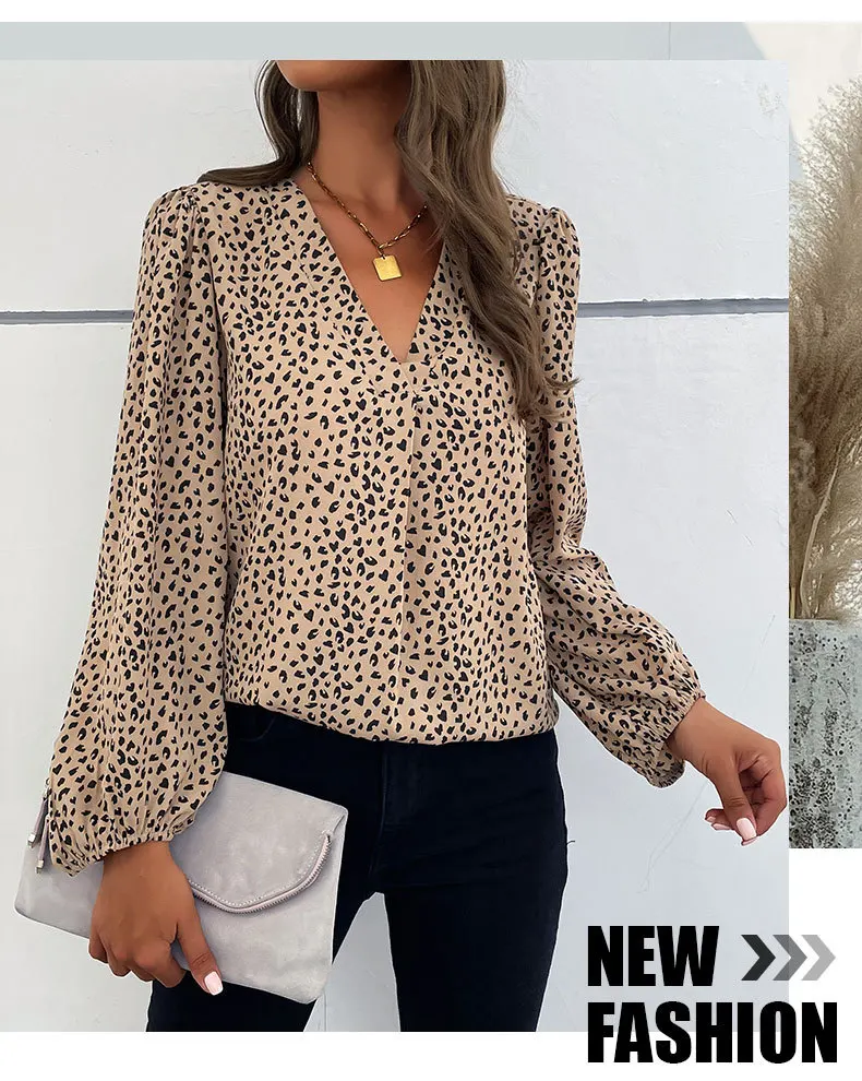 

Women's Shirt 2023 Summer New Leopard Print Loose Blouses Fashion Deep V Neck Pullover Lantern Long Sleeves Top Female Clothing