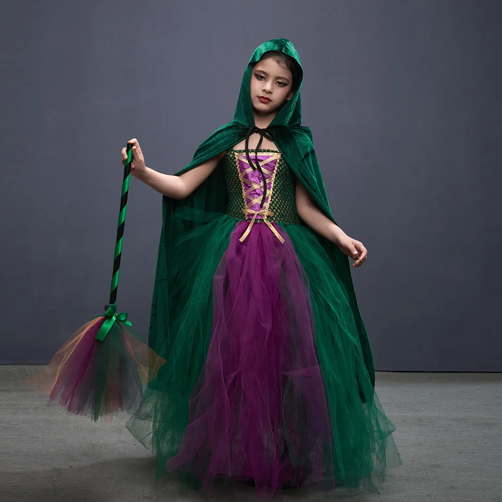

Маскировочное платье для девочек, костюм хокуса покуса Салема, ведьмы, сестры, детское платье на Хэллоуин, платье-пачка с накидкой для косплея, наряд для вечеринки