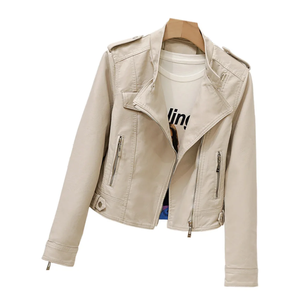 2023 new stand-up collar handsome motorcycle leather jacket epaulette coat short slim-fit Korean version of small leathe