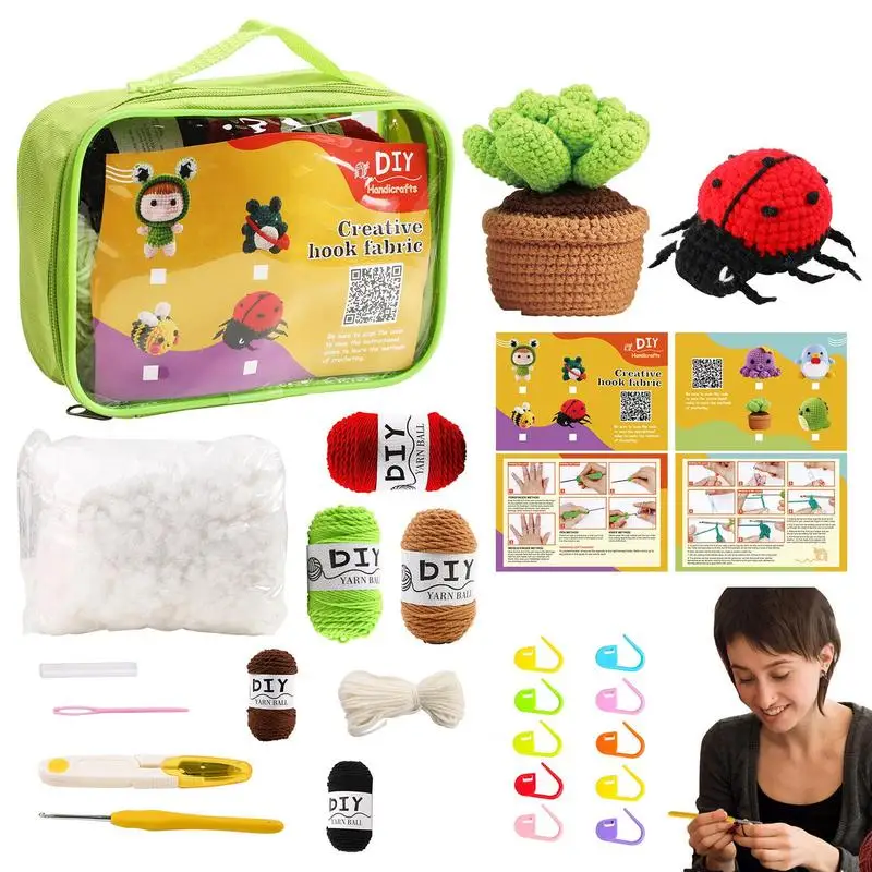 

Wobbles Crochet Animal Kit Knitting Kit With Succulents And Ladybug DIY Craft Art Beginner Crochet Kit With Easy Peasy Yarn And