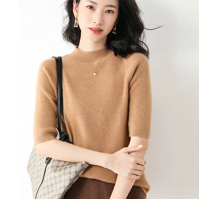 

Spring Summer New Three Quarter Sleeve Women Half-high Neck Slim Wool Cotton Blend Pullover T-shirt Casual Knitted Base Swe 2023