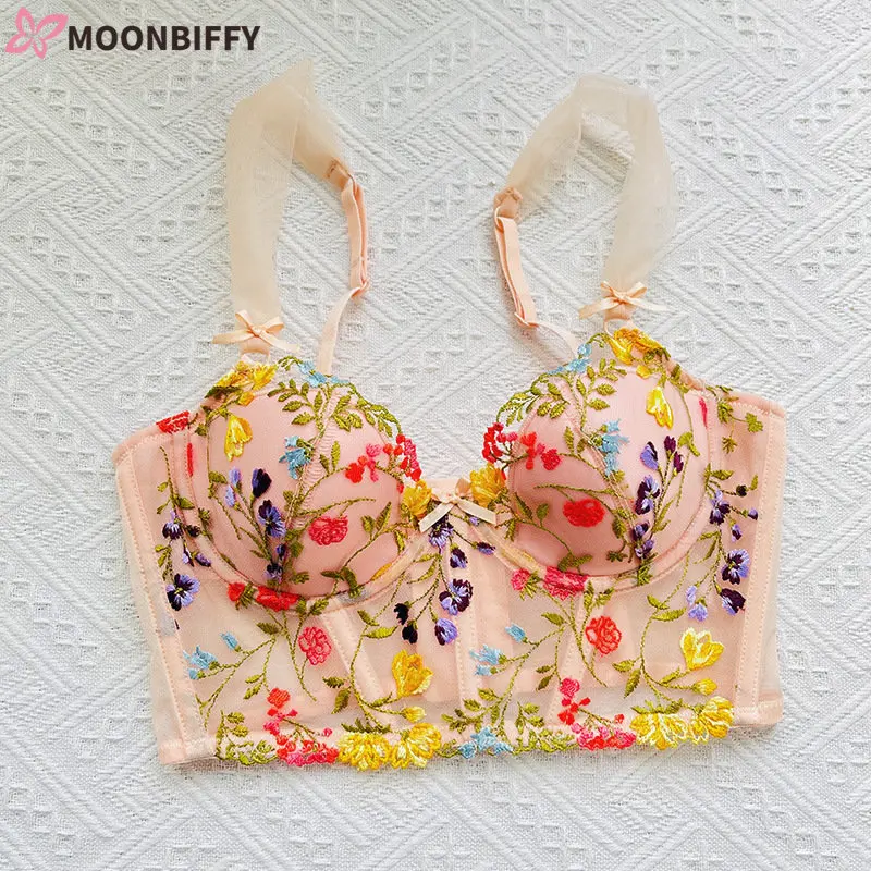 

Women Sexy Push Up Underwear Cute Lace Bra French Spring Floral Embroidery Lingerie Top Romantic Thin Cup with Pad Bralette