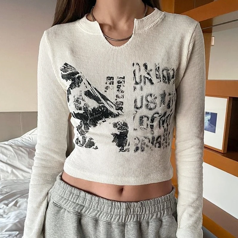 

Women Ribbed Tops Long Sleeve Print Over Navel Crop Tops for Spring Autumn Ladies T-Shirt Clothing White Black Shirts For Women