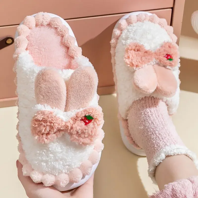 

Women Autumn Winter 2023 Cute Cartoon Bow Rabbit Warm Plush Slippers For Women Cotton Home Slippers