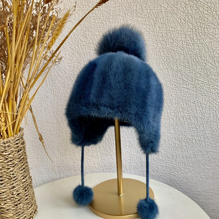 Outdoor Windproof Winter Real Mink Fur Bomber Hats Women Warm Fur Cap Luxury Fashion Hat with Earflap Pompom Ball