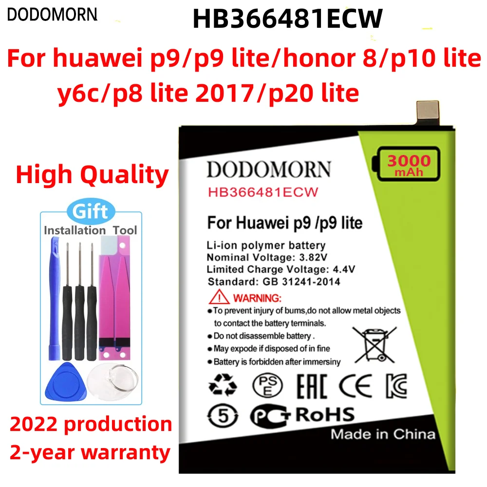 

DODOMORN NEW HB366481ECW Battery For Huawei P20 Lite/NOVA 3E P10 P20 Lite P Smart Honor 8 9 5C 7C Lite