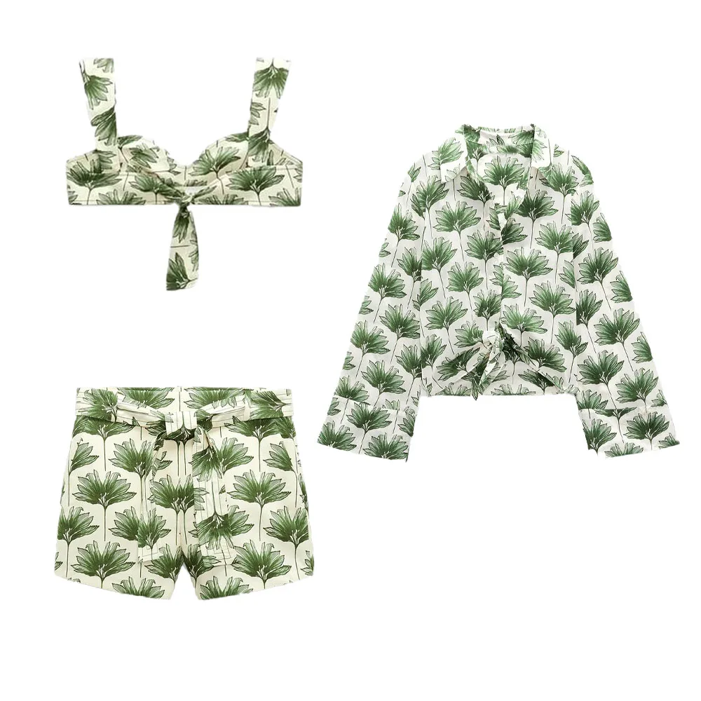 Zach AiIsa's new women's loose long-sleeved V-shaped lapel printed shirt + wrap chest straps slim crop top + high waist shorts