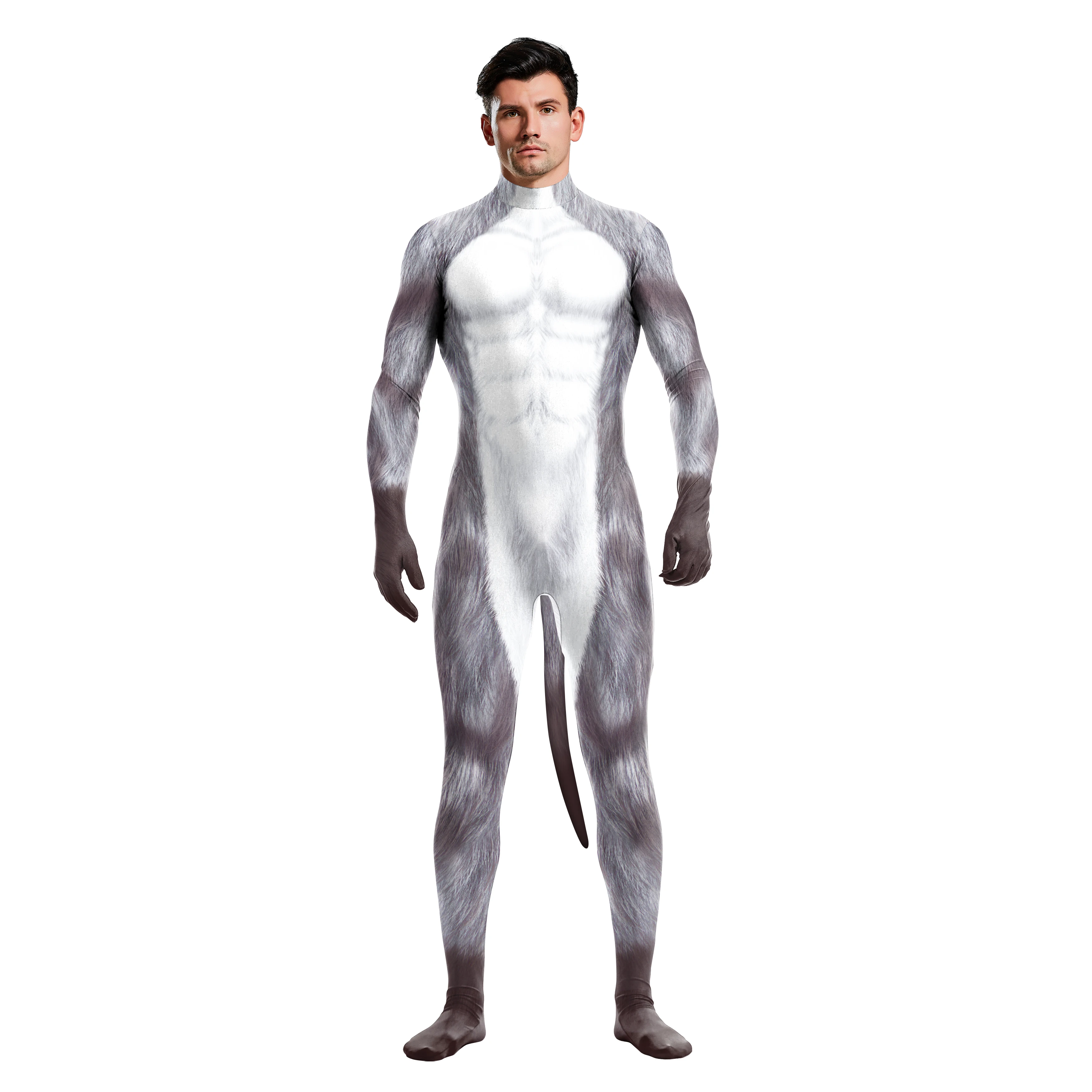 

Zawaland Cosplay Snow Wolf Sexy Zentai Jumpsuit Bodysuit Fancy Outfit Hallowen Party Zipper with Tail One-Piece Suit for Adult