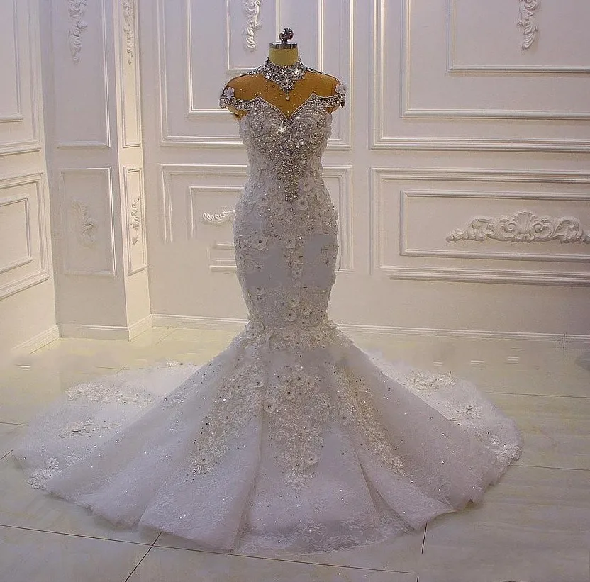 

Luxury African Wedding Dress Mermaid High Neck Lace-up Rhinestone Crystal 3D Floral Appliqued Bridal Gowns Vestidos De Novia